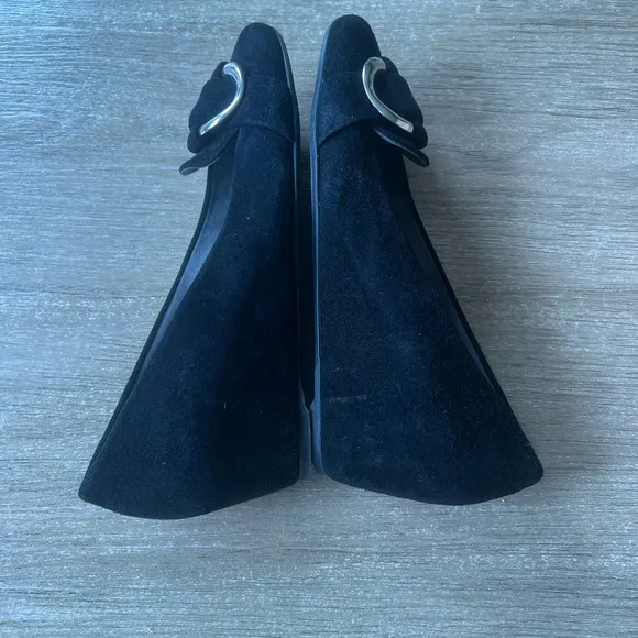 Stuart Weitzman woman’s black suede Bucksome wedge shoes