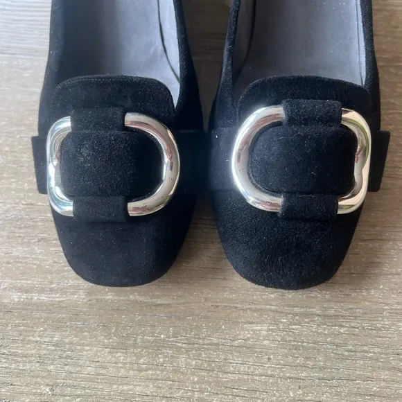 Stuart Weitzman woman’s black suede Bucksome wedge shoes