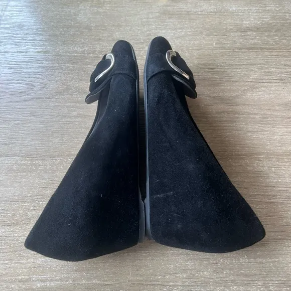 Stuart Weitzman woman’s black suede Bucksome wedge shoes