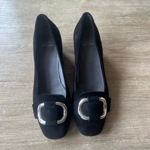 Stuart Weitzman woman’s black suede Bucksome wedge shoes