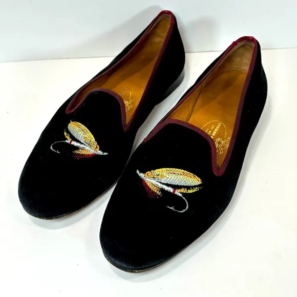 Stubbs &amp; Wootton Black Velvet Fly Fishing Lure Loafers Shoes Women Size 7