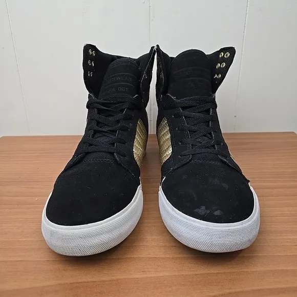 Supra Skytop Muska 001 Shoes Mens 12 Black Gold Suede Skateboarding Sneakers