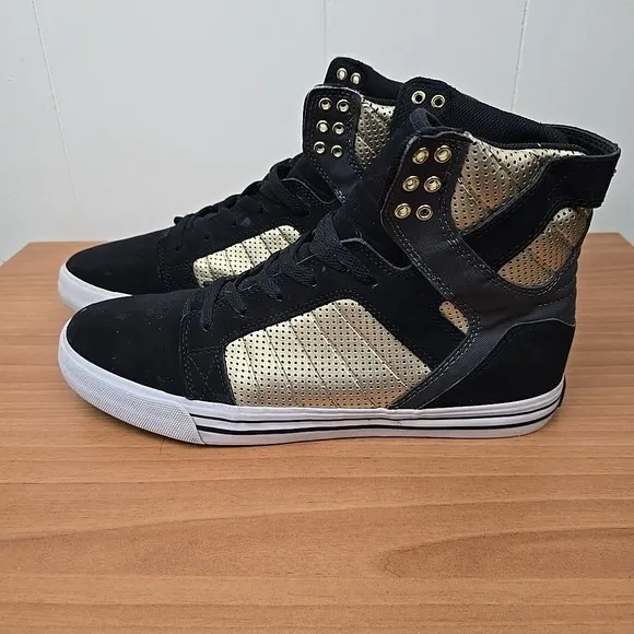 Supra Skytop Muska 001 Shoes Mens 12 Black Gold Suede Skateboarding Sneakers