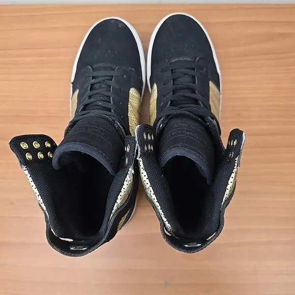 Supra Skytop Muska 001 Shoes Mens 12 Black Gold Suede Skateboarding Sneakers
