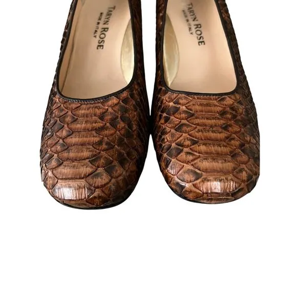 Taryn Rose Women 38N Heels Brown Snakeskin Block Heel Square Toe Comfort