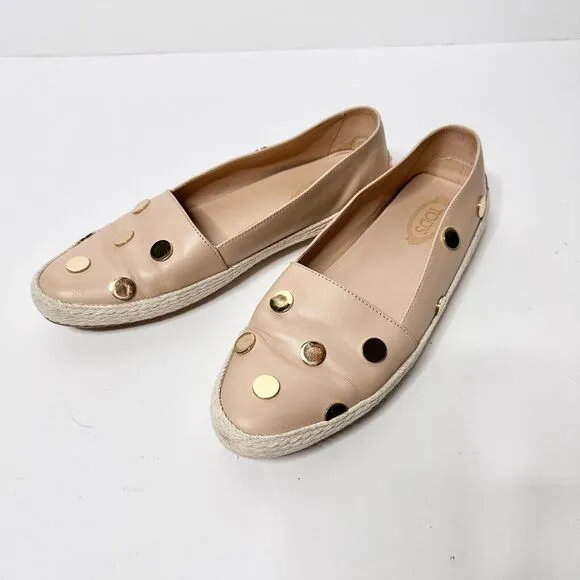 TOD'S Gommino Espadrille Driving Shoes Women 38.5 Beige Gold Loafers Leather
