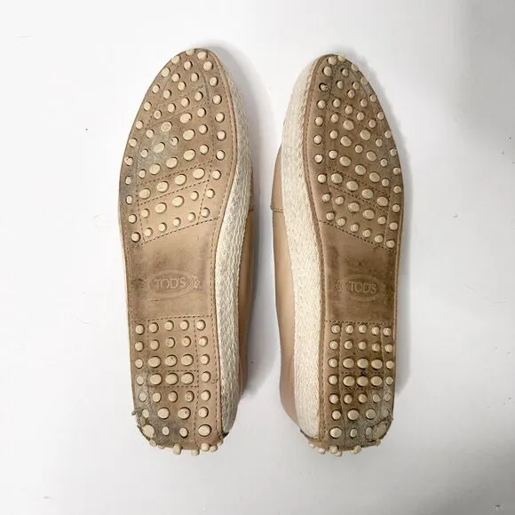 TOD'S Gommino Espadrille Driving Shoes Women 38.5 Beige Gold Loafers Leather