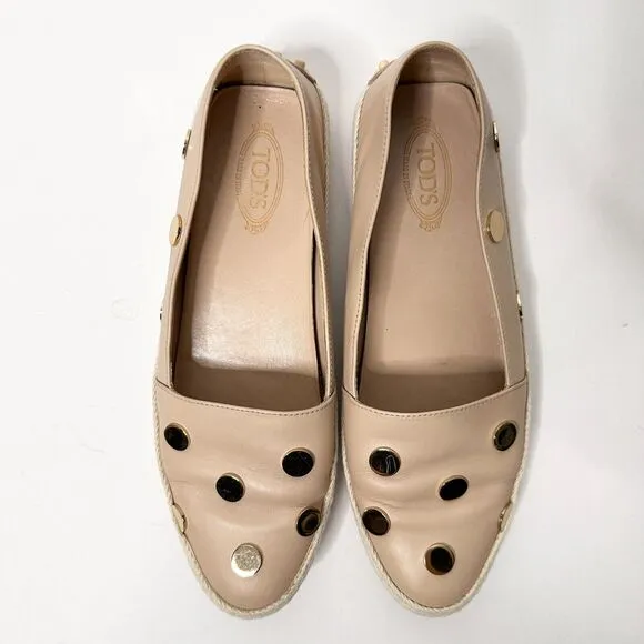 TOD'S Gommino Espadrille Driving Shoes Women 38.5 Beige Gold Loafers Leather