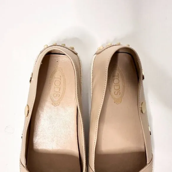 TOD'S Gommino Espadrille Driving Shoes Women 38.5 Beige Gold Loafers Leather