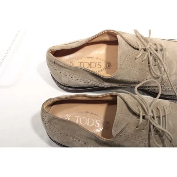 Tod's Men's Grigio Beige Suede Wingtip Derby Lace-up Shoes Size 9M Preppy Italy