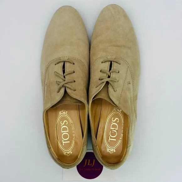 Tod's Women's Beige Suede Lace Up Italian Oxford Shoes Size 36.5 EU/ 6.5 US