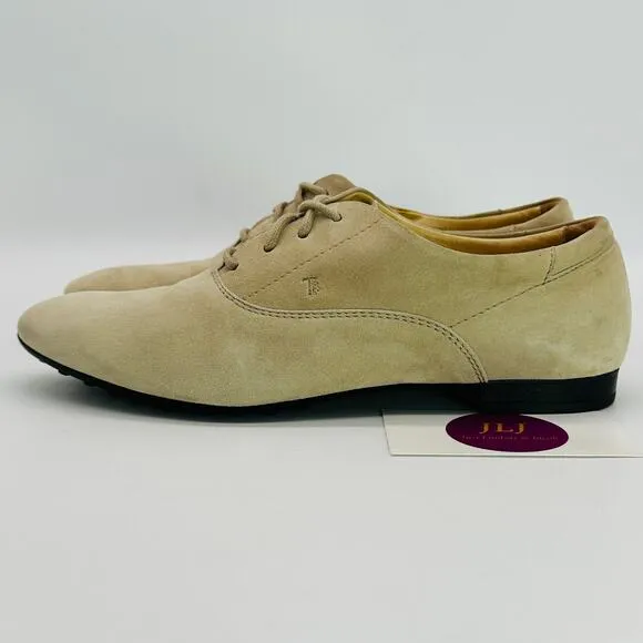 Tod's Women's Beige Suede Lace Up Italian Oxford Shoes Size 36.5 EU/ 6.5 US