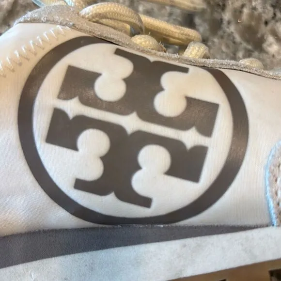 Tory Burch Annie Nylon runner sneaker ivory/suede tan w/box Sz 6.5 79262 EUC