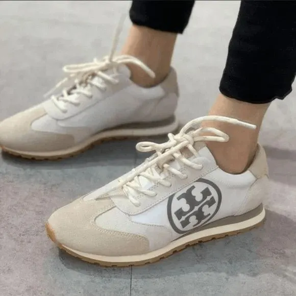 Tory Burch Annie Nylon runner sneaker ivory/suede tan w/box Sz 6.5 79262 EUC