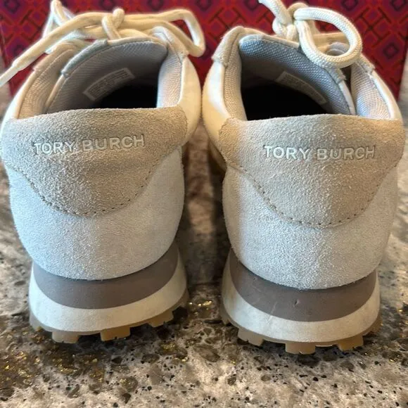 Tory Burch Annie Nylon runner sneaker ivory/suede tan w/box Sz 6.5 79262 EUC