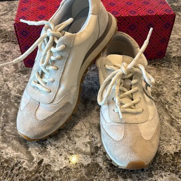 Tory Burch Annie Nylon runner sneaker ivory/suede tan w/box Sz 6.5 79262 EUC