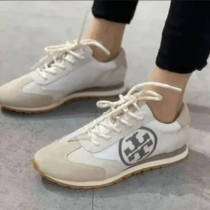 Tory Burch Annie Nylon runner sneaker ivory/suede tan w/box Sz 6.5 79262 EUC