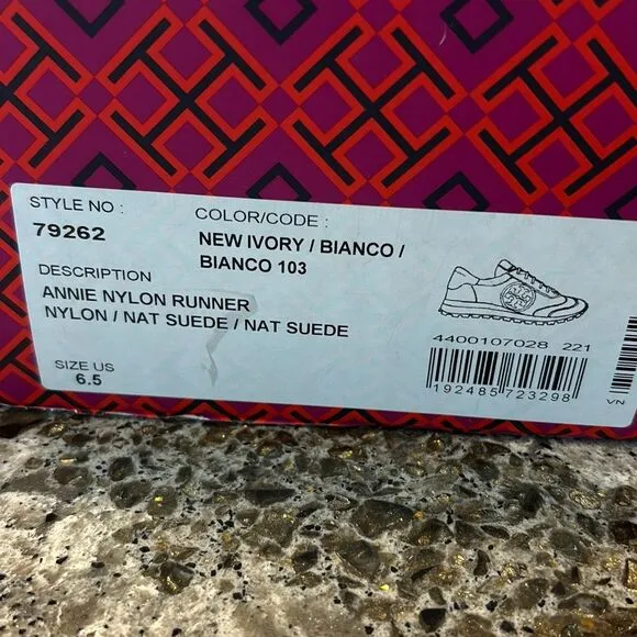 Tory Burch Annie Nylon runner sneaker ivory/suede tan w/box Sz 6.5 79262 EUC