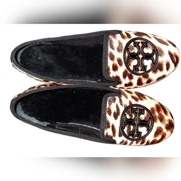 Tory Burch Billy Slipper Flat Animal Print Haircalf/Black Patent Leather Size 7