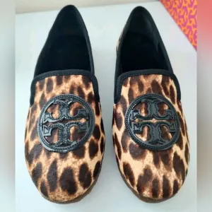 Tory Burch Billy Slipper Flat Animal Print Haircalf/Black Patent Leather Size 7
