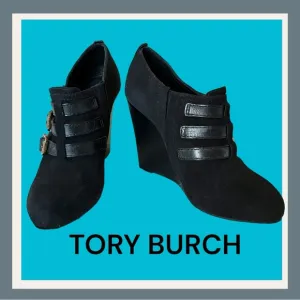TORY BURCH BLACK SUEDE FALL WINTER WEDGE SHOES 7