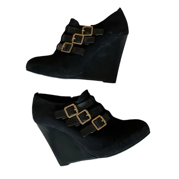 TORY BURCH BLACK SUEDE FALL WINTER WEDGE SHOES 7