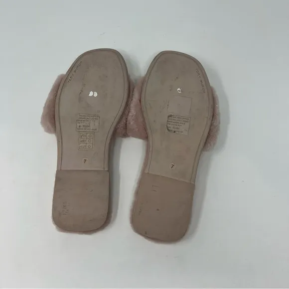Tory Burch Double T Fluffy Slide On Pink Slipper Shoes Women Size 7 Preppy
