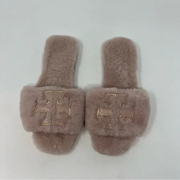 Tory Burch Double T Fluffy Slide On Pink Slipper Shoes Women Size 7 Preppy