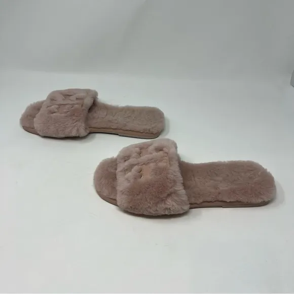 Tory Burch Double T Fluffy Slide On Pink Slipper Shoes Women Size 7 Preppy