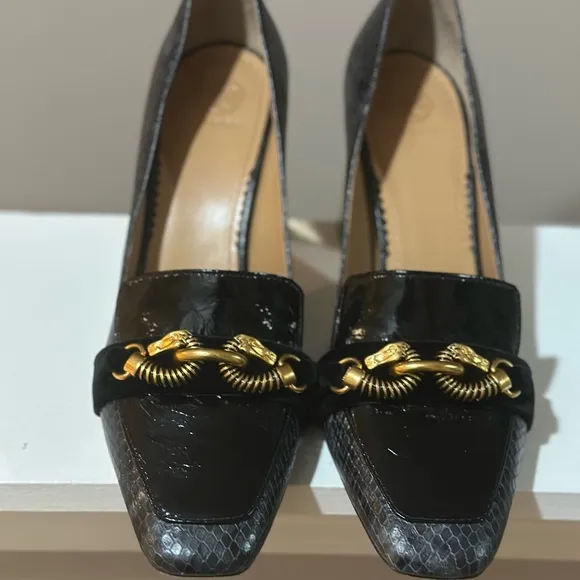 Tory Burch Jessa Size 10.5 Black Gold Mirror Block Heels Mint Condition Python