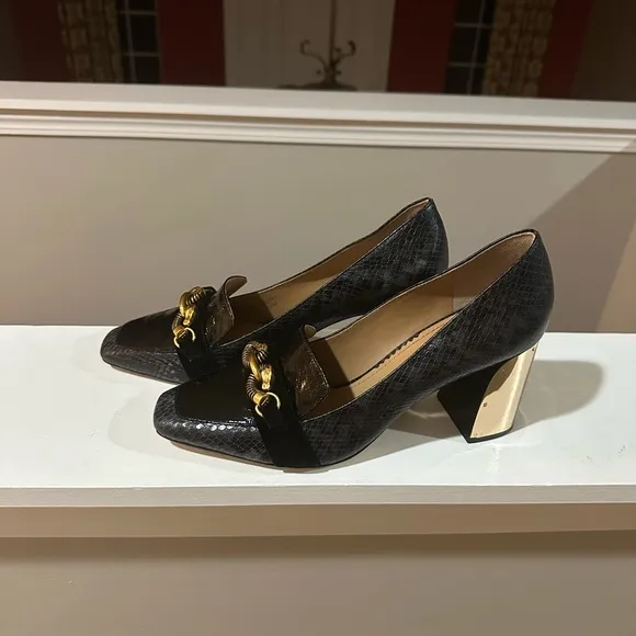 Tory Burch Jessa Size 10.5 Black Gold Mirror Block Heels Mint Condition Python