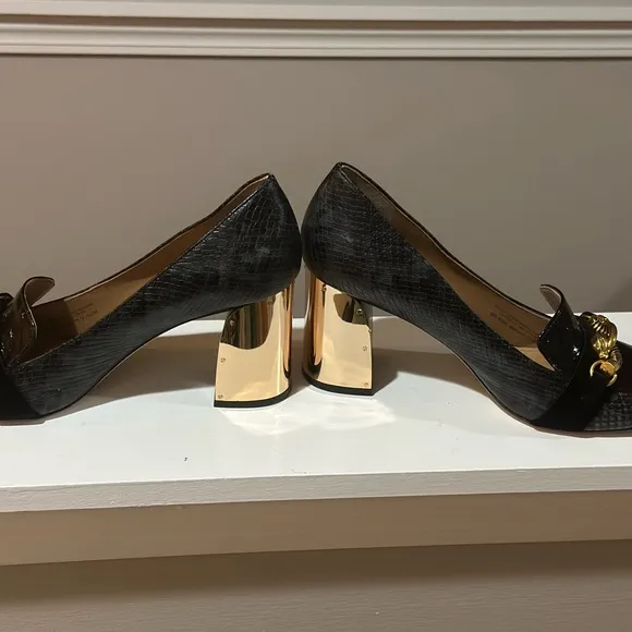 Tory Burch Jessa Size 10.5 Black Gold Mirror Block Heels Mint Condition Python
