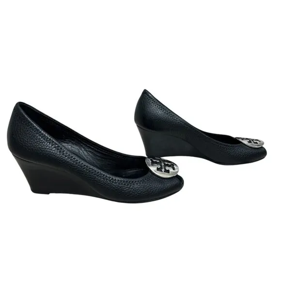 Tory Burch Pebble Leather Black Peep Toe Sally Wedge Pumps Womens size 7