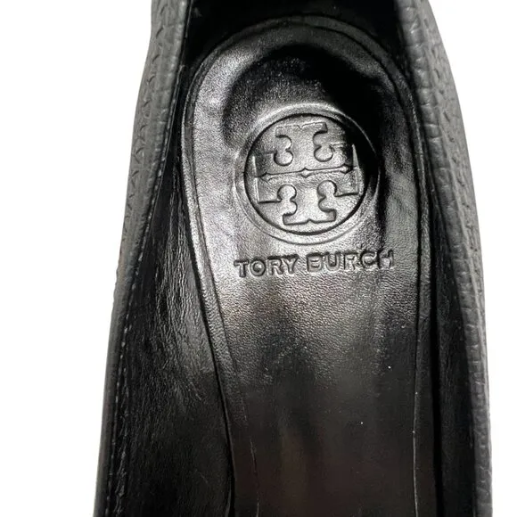 Tory Burch Pebble Leather Black Peep Toe Sally Wedge Pumps Womens size 7