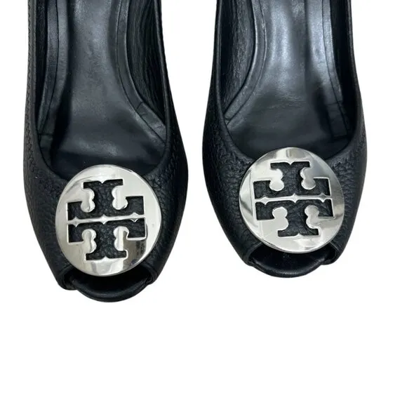 Tory Burch Pebble Leather Black Peep Toe Sally Wedge Pumps Womens size 7