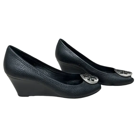 Tory Burch Pebble Leather Black Peep Toe Sally Wedge Pumps Womens size 7