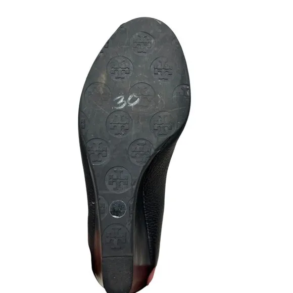 Tory Burch Pebble Leather Black Peep Toe Sally Wedge Pumps Womens size 7