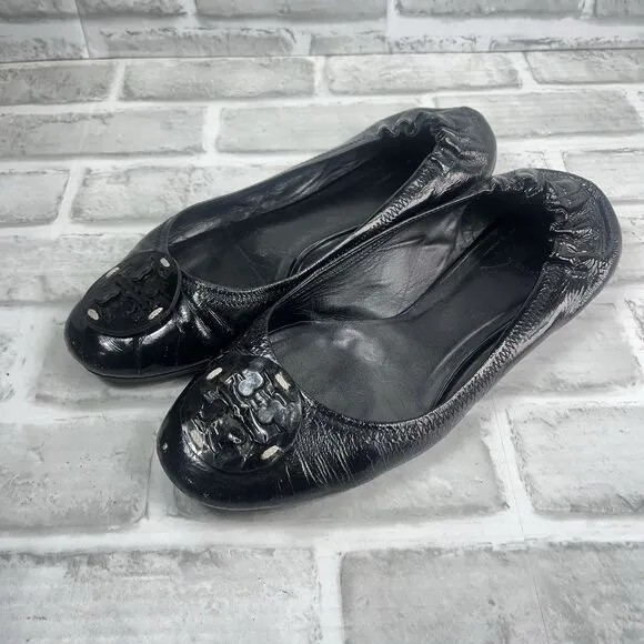 Tory Burch Reva Women's  8.5 M Black Patent Leather Ballet Flat Comfort Shoes