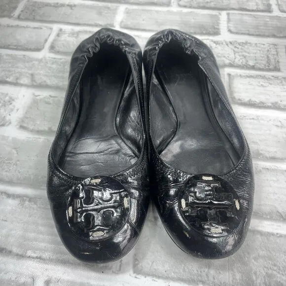 Tory Burch Reva Women's  8.5 M Black Patent Leather Ballet Flat Comfort Shoes