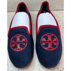 TORY BURCH Navy Blue Billy Logo Wool felt slippers Slip on Loafers Women's Sz 5