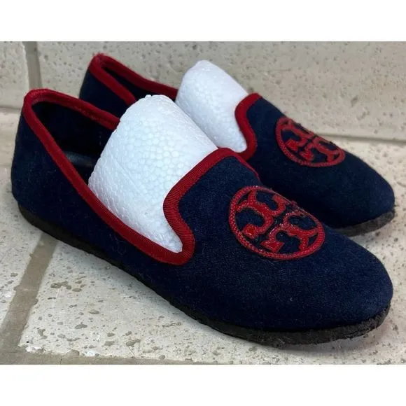TORY BURCH Navy Blue Billy Logo Wool felt slippers Slip on Loafers Women's Sz 5