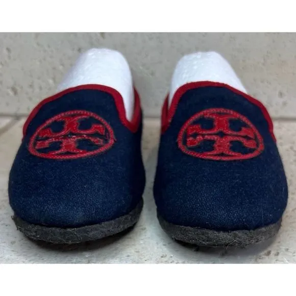 TORY BURCH Navy Blue Billy Logo Wool felt slippers Slip on Loafers Women's Sz 5