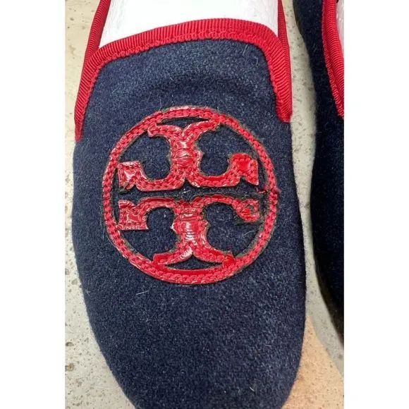 TORY BURCH Navy Blue Billy Logo Wool felt slippers Slip on Loafers Women's Sz 5