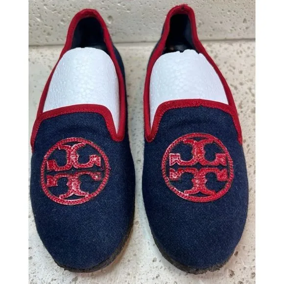 TORY BURCH Navy Blue Billy Logo Wool felt slippers Slip on Loafers Women's Sz 5
