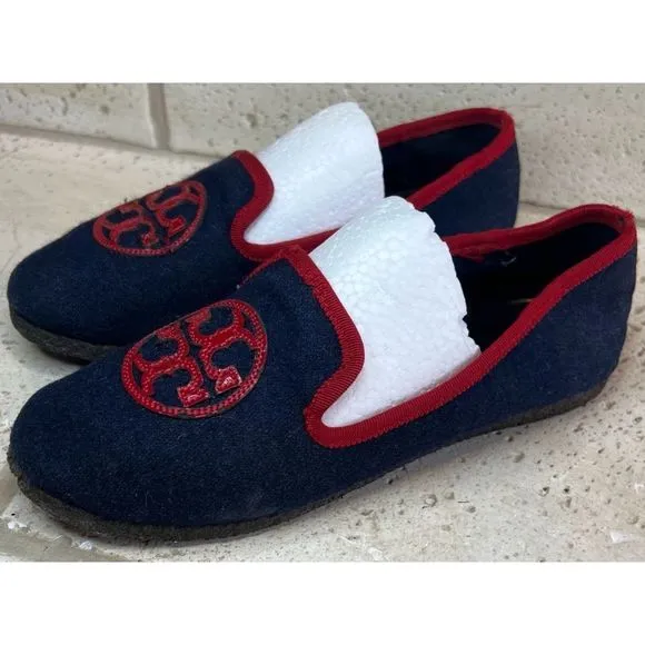 TORY BURCH Navy Blue Billy Logo Wool felt slippers Slip on Loafers Women's Sz 5