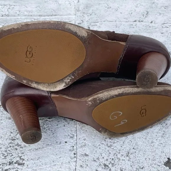 ugg australia Women Boots Brown Leather Shoes Real Fur Sole Bed Size 8.5US