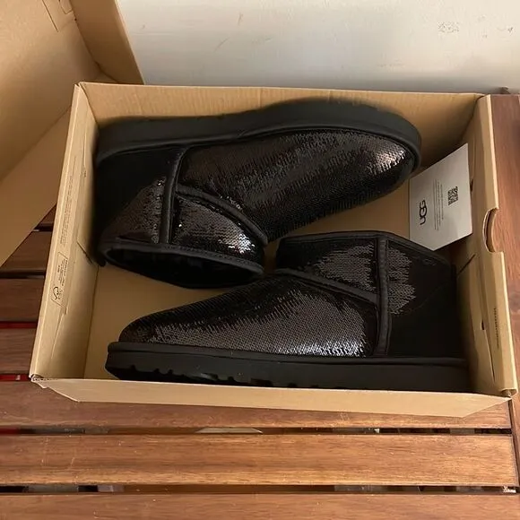 UGG Classic Ultra Mini Mirror Ball Sequins Boots Black USA Women 8/UK 6/EU 39