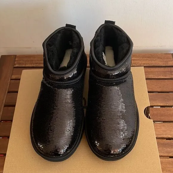 UGG Classic Ultra Mini Mirror Ball Sequins Boots Black USA Women 8/UK 6/EU 39