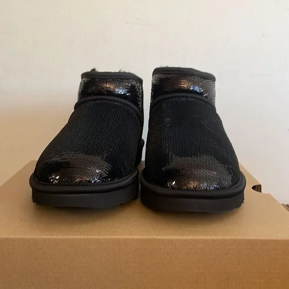 UGG Classic Ultra Mini Mirror Ball Sequins Boots Black USA Women 8/UK 6/EU 39