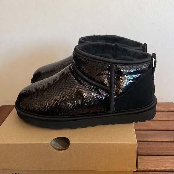 UGG Classic Ultra Mini Mirror Ball Sequins Boots Black USA Women 8/UK 6/EU 39
